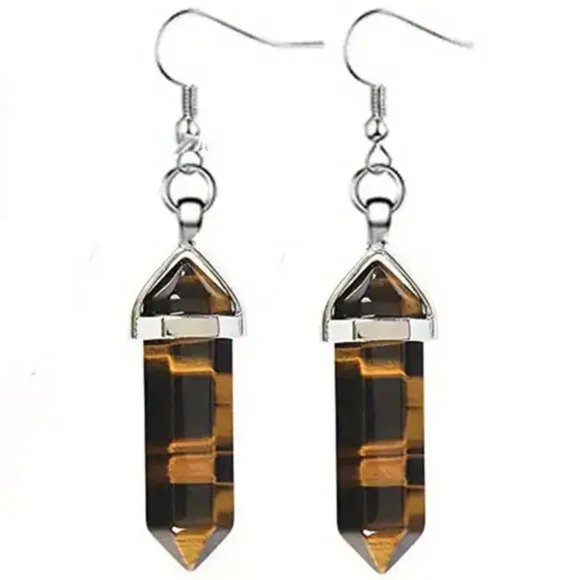 Tiger Eye Natural Stone Gemstone Handmade Hexagon Point Dangle Earrings - Picture 1 of 2